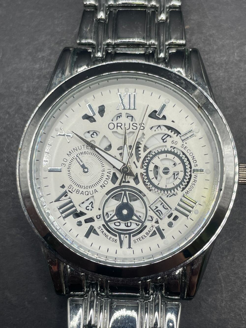 ORUSS 1853 Mens Watch White Dial Skeleton Roman Numerals Link Bracelet 39mm